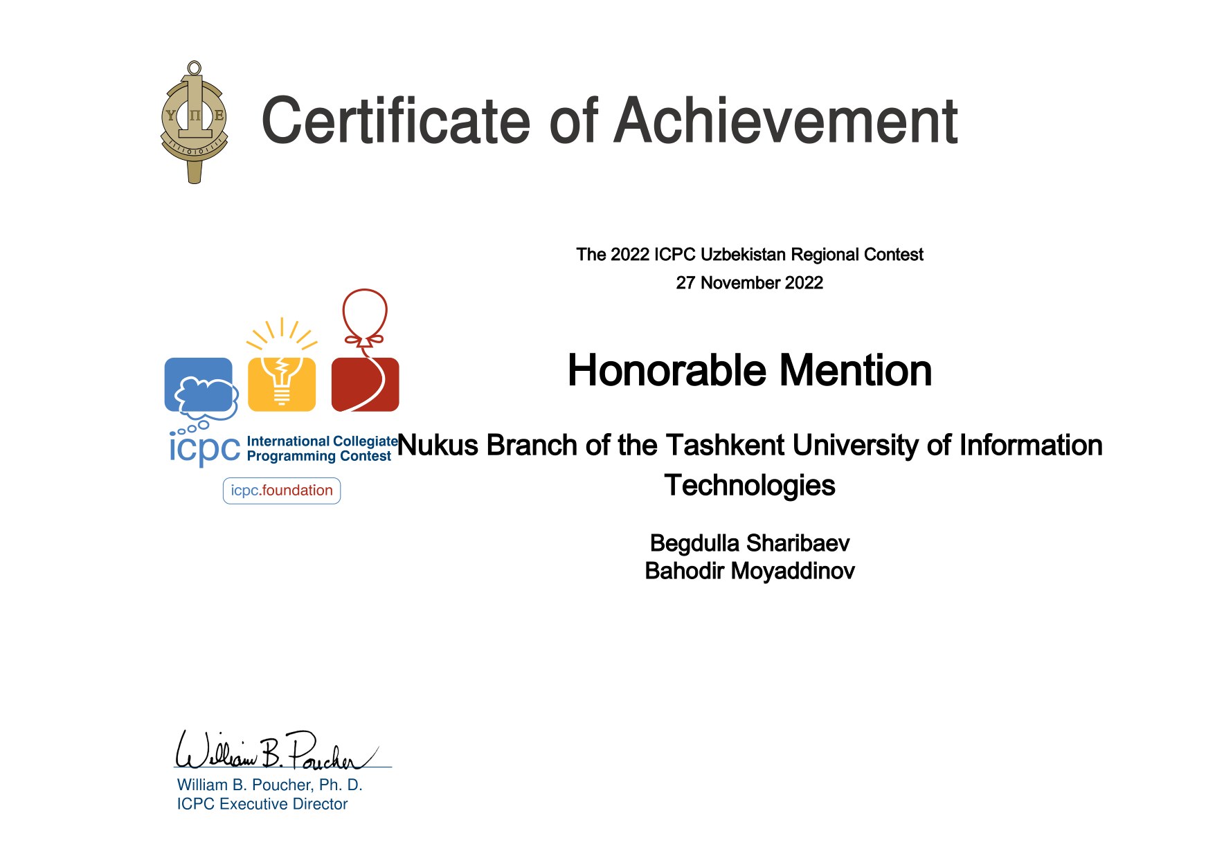 ICPC 2022 Uzbekistan Regional Contest — Team Honorable Mention